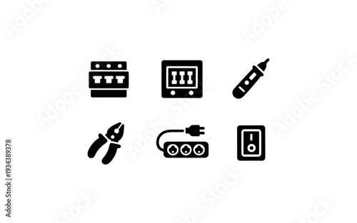Collection of electrical icons including circuit breakers, pliers, and power strip