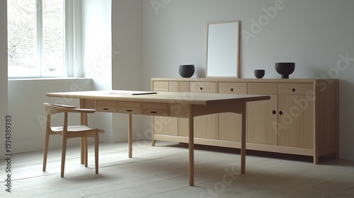 Sun-Drenched Minimalist Home Office with Natural Oak Desk, Curved Chair, and Sideboard