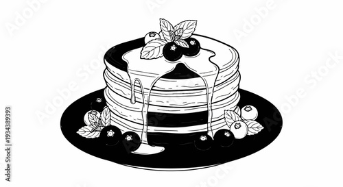 A stack of pancakes drizzled with syrup, topped with blueberries and mint