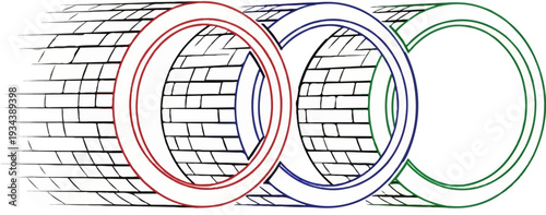 Three overlapping rings, red, blue, and green, on brick-textured cylindrical backgrounds