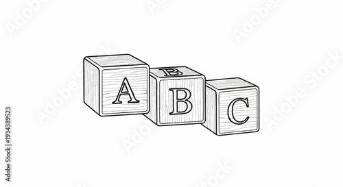 Three wooden blocks with letters A, B, C in a row on a white background