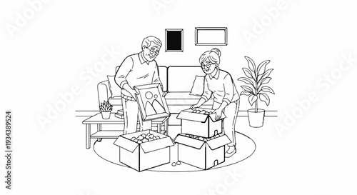 Senior couple unpacking boxes, holding artwork and placing items