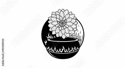 A floral bloom atop a fiery cauldron within a dark circle