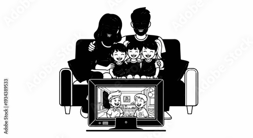A happy family of six sits on a couch, watching TV together