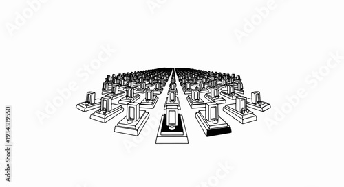 Thousands of identical abstract geometric podiums arranged in perspective