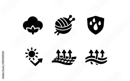 Collection of fabric property icons: cotton, yarn, waterproof, sun protection, and breathability