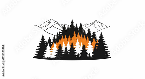 Silhouette of pine forest with mountains and orange accents