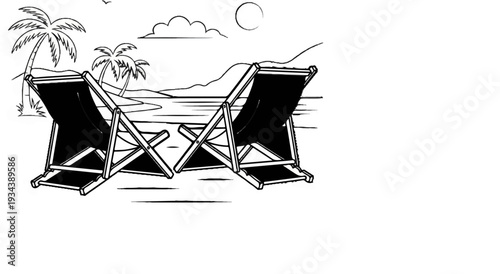 Two empty lounge chairs await visitors on a tropical beach with palm trees