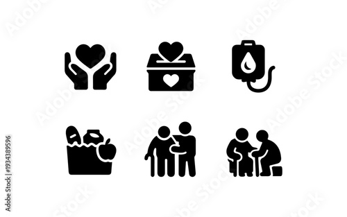 Set of icons representing charity, donation, and care for the elderly and needy