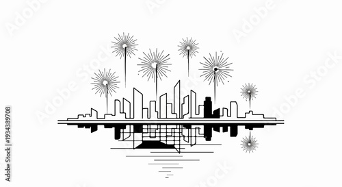 Stylized city skyline with dandelion-like bursts and water reflection