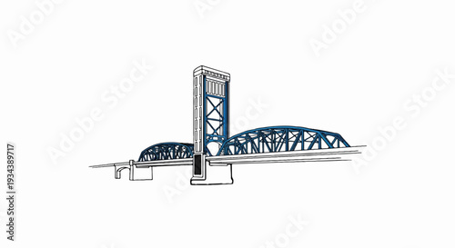 Stylized drawing of a large blue steel truss bridge with a central tower