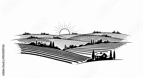 Stylized illustration of rolling vineyards at sunrise with small houses