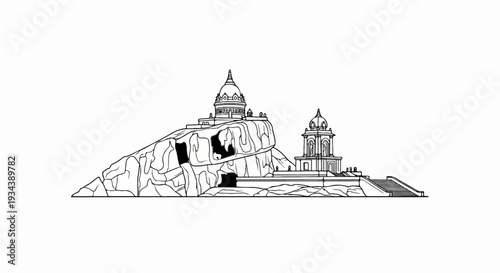 Stylized line art depicts ancient structures atop a rocky outcrop