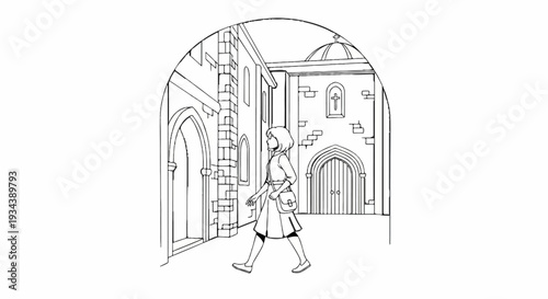 Stylized line drawing of a person walking through a stone arched gateway