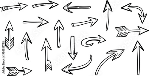 Collection of various black arrows on white background