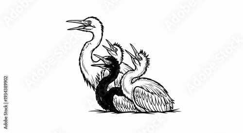 Three wading birds with open beaks, one black, two white, clustered together