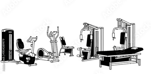 Various exercise machines, including a weight stack, stationary bikes, and multi-gyms, are depicted