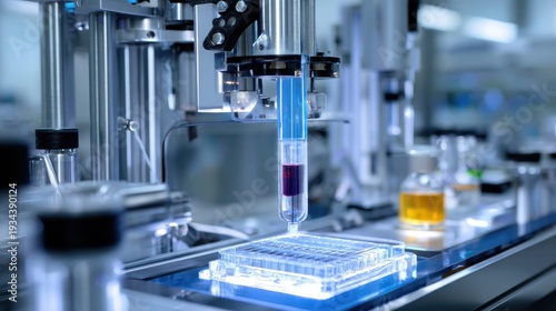 Advanced laboratory technology showcasing automated liquid handling, microplate experiments, and precision equipment in a clean scientific environment