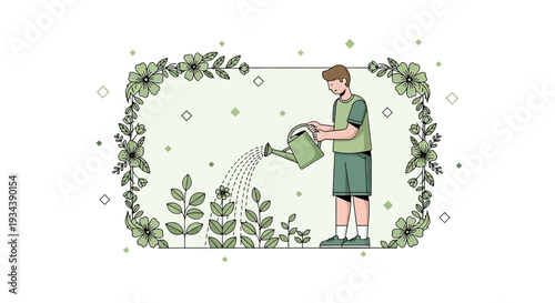 Boy Watering Plants in Garden with Floral Border - Organic Growth & Nature Concept