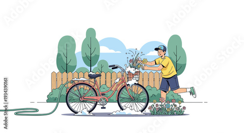 Boy Washing Bicycle in Garden with Flowers, Summer Activity