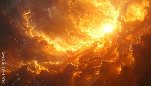 A vibrant cosmic artwork depicting a luminous celestial event. Swirling clouds of fiery oranges and yellows surround a brilliant, central light source