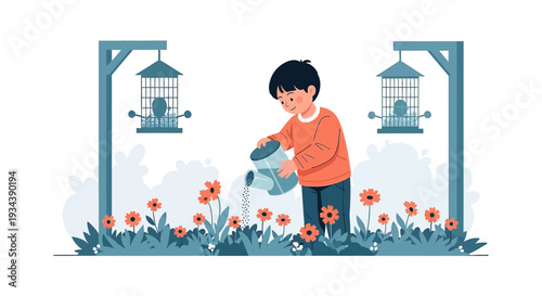 Boy watering flowers in garden with bird feeders