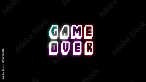 Game over text animation _ glitch style. Stylized neon 'GAME OVER' text with glowing letters in vibrant colors on a dark background, signaling the end of a game.