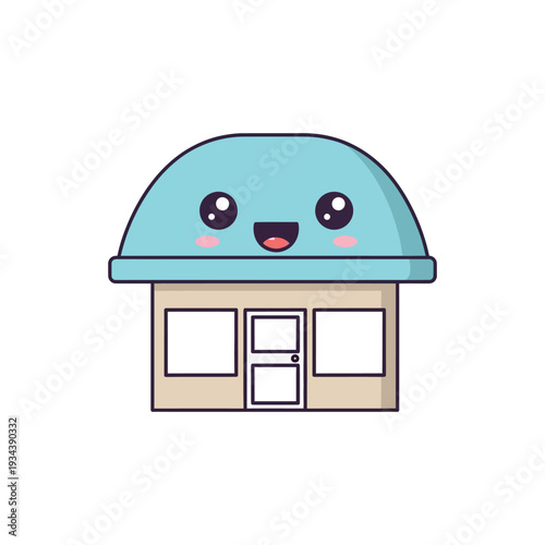 Cartoon building with smiling face.