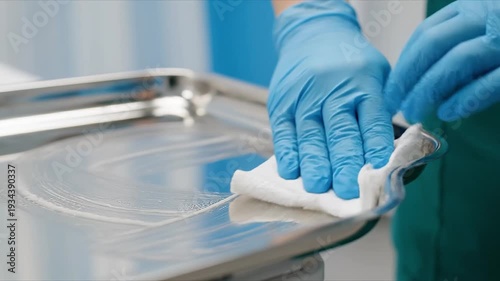 healthcare industry nurse prevention concept. Cleaning a reflective metal surface with gloves using a cloth and tool.
