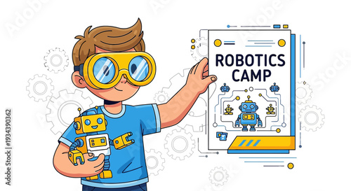 Boy with Robot Toy at Robotics Camp Event Poster
