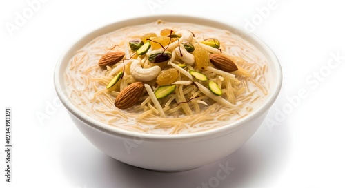Delicious bowl of vermicelli pudding with nuts and raisins