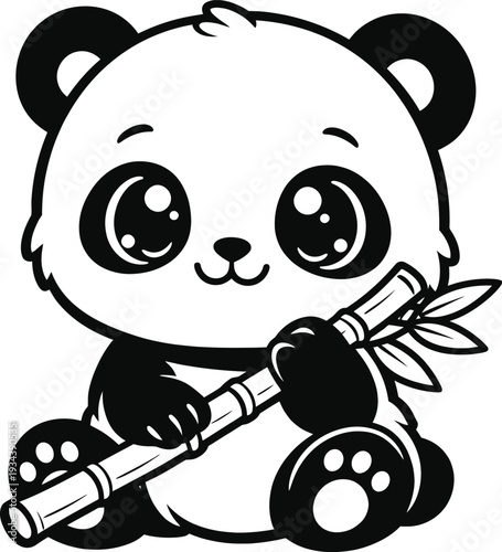 Cute Baby Panda Holding Bamboo Black and White Line Art Illustration
