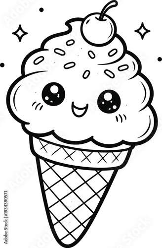 Cute Kawaii Ice Cream Cone Coloring Page Line Art with Cherry and Sprinkles
