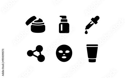 Collection of black icons representing skincare products and treatments on a white background