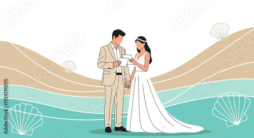 Bride and Groom Beach Wedding Couple Holding Vows, Seashells and Waves
