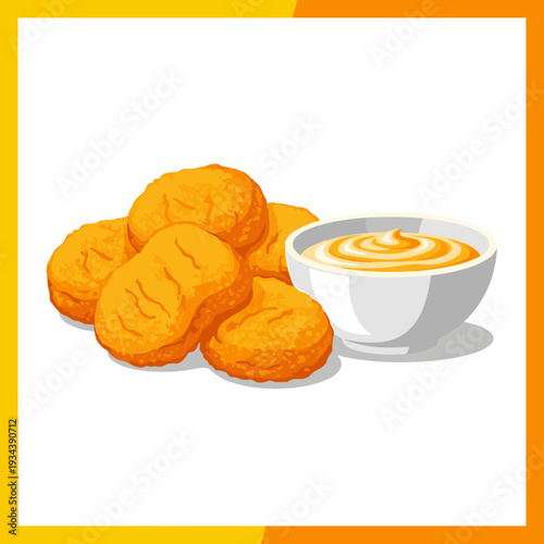 A group of golden-brown chicken nuggets with a small bowl of sauce (creamy, off-white ranch) nearby. Flat vector, energetic and bold color palette.