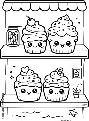 Cute Assorted Cupcakes Black and White Line Art Coloring Page Illustration
