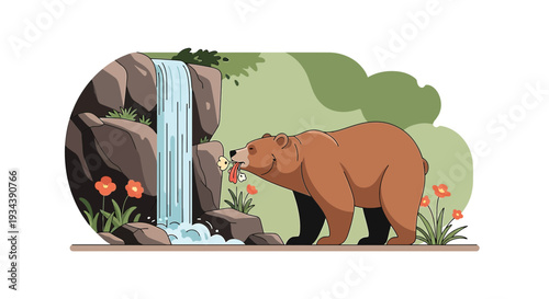 Brown Bear Eating Butterfly Near Waterfall in Forest, Nature Wildlife