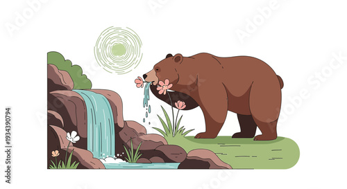Brown Bear Sniffing Flowers by Waterfall in Nature