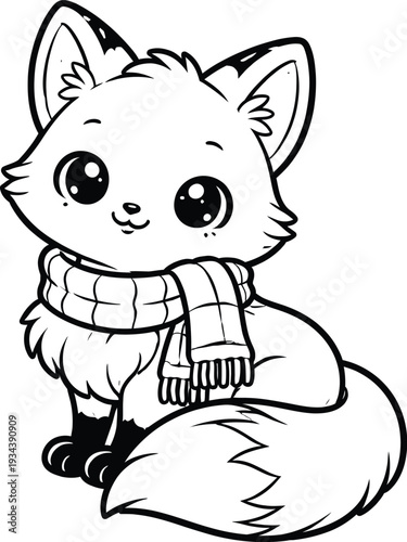 Cute fox wearing a winter scarf coloring page for children, black and white line art illustration
