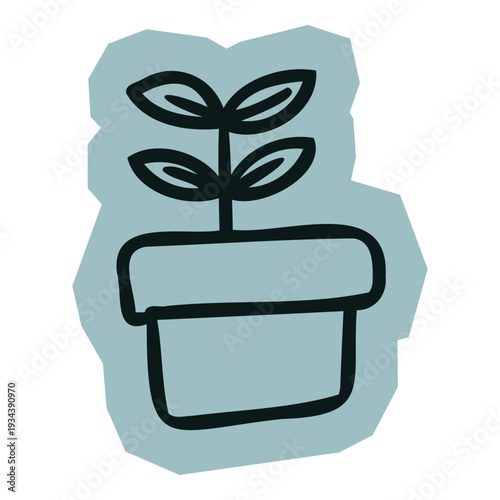 Hand drawn doodle sticker Small green plant seedling growing in a flower pot for environmental sustainability and home gardening concept for scrapbook and journal. Vector illustration design.