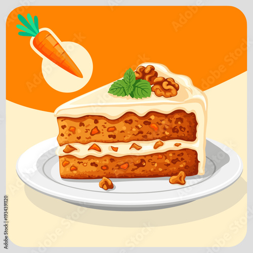A slice of carrot cake with creamy icing and walnut pieces, depicted on a plate. A modern graphic vector with a bright, dessert-focused aesthetic.