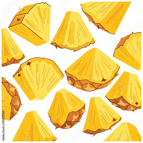A digital illustration of multiple yellow pineapple wedges on a white background. Perfect for food blogs, recipe websites, and culinary marketing materials.