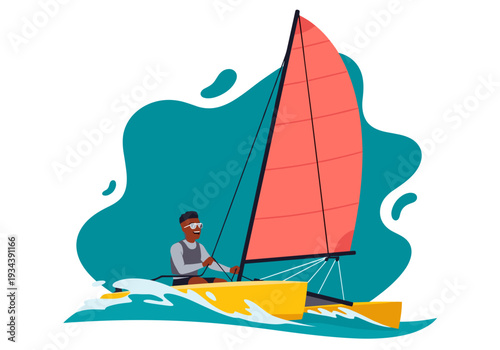 A young black man wearing sunglasses and a gray rashguard pilots a catamaran. The partial background is a stylized wave, while the outer area remains white.