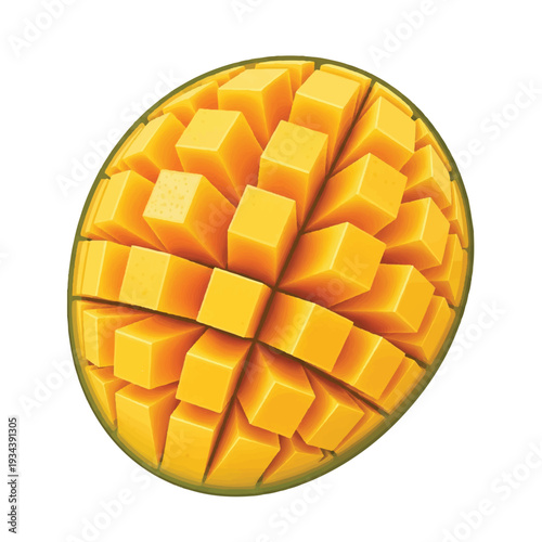 A digital illustration of a cut mango with cubes of fruit arranged in a circular pattern on a white background. Perfect for food blogs, recipe websites, and culinary magazines.