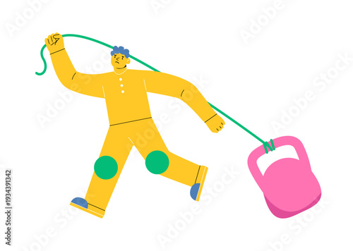 Man pulling a heavy weight. Concept of a heavy social load. Colorful vector illustration