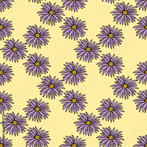 Seamless pattern with positive Aster alpinus on yellow background.eps
