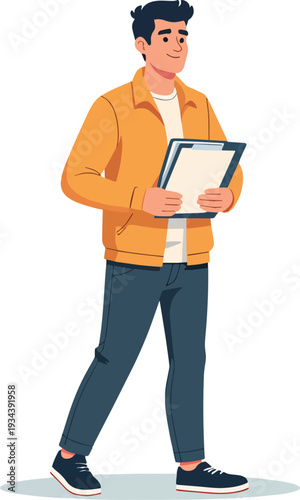 uomo vestito giacca e cravatta con documenti in mano assistente ufficio segretario del lavoro vettoriale