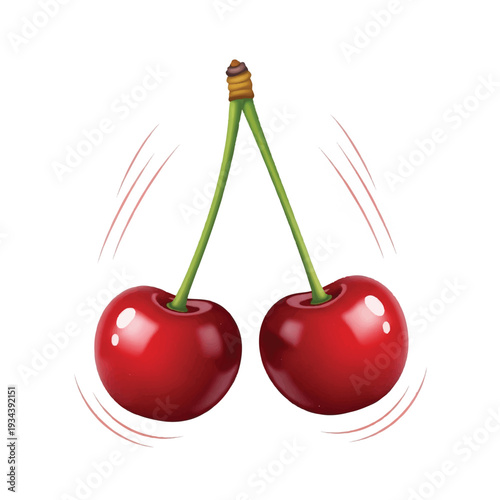 Digital illustration of two ripe red cherries with green stems, presented on a white background with motion lines. Perfect for food blogs, recipe websites, and culinary marketing materials.