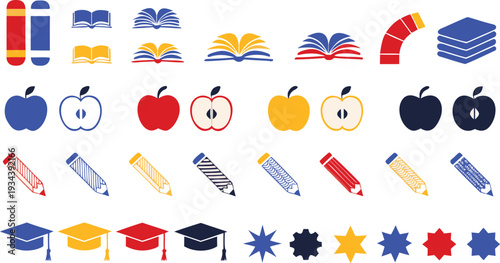 Colorful assortment of school and learning themed icons and objects